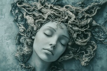 Neural processing virtual brain auditory communication neural pathways and neural pathways stone face with neural roots symbolizing ancient wisdom nature and the subconscious mind