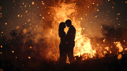 A couple in silhouette, standing close by a warm bonfire, embers floating in the night sky