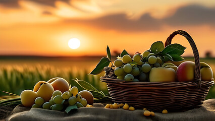 A serene, minimalist landscape with a vast, open field under a golden sunset. A few overflowing baskets of fruits and grains sit calmly in the foreground, symbolizing natural abundance and prosperity.