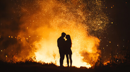 Fototapeta premium Romantic embrace by a bonfire with glowing embers lighting up the night sky