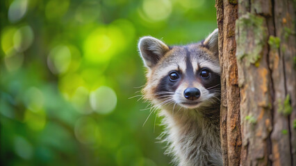 Obraz premium Curious raccoon peeking out from behind a tree in the forest, wildlife, cute, animal, nature, outdoors, furry