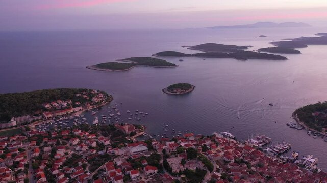 Drone Aerial Sunset View of Hvar and Pakleni Otoci Islands