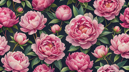 Seamless pattern of pink peony flowers in dim light, peony, flowers, pink, seamless, pattern, background, floral, bloom, dim