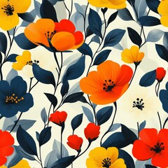 Vibrant Floral Pattern: Seamless Design with Orange, Yellow, and Blue Flowers - Seamless Pattern