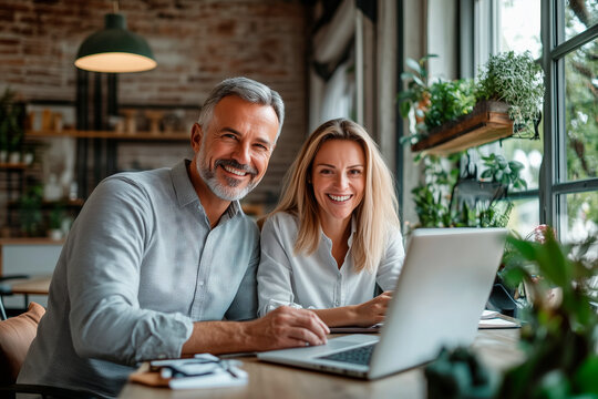 Smiling mature couple working together on a laptop at home office with plants. Collaborative work and lifestyle concept. Design for remote work, teamwork, and home business themes