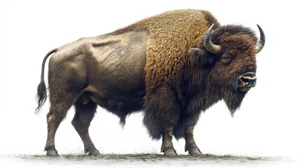 A Powerful Bison With a Thick Shaggy Mane Stands Majestically Against a White Background