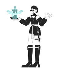Holographic phone call black and white line illustration. Hologram technology. Futuristic woman talking cellphone 2D linear character isolated. AR video chat friend monochrome vector outline image