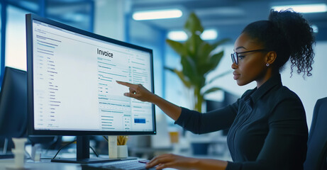 African American woman working on electronic invoice on a large computer screen in a modern office environment. Digital finance and accounting concept. Design for financial management, e-invoicing