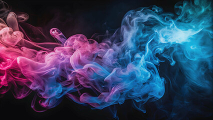 Fototapeta premium Blue and pink smoke swirls against a black background, smoke, swirls, abstract, colorful, motion, mysterious, dramatic, vibrant
