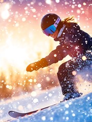 Woman Snowboarding Down Sunset Mountainside in Snowfall, Vibrant Winter Adventure