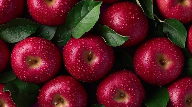 Video top view of red apples with water droplets, natural photography, healthy life.