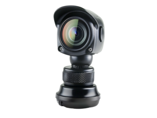 a black camera with a round lens