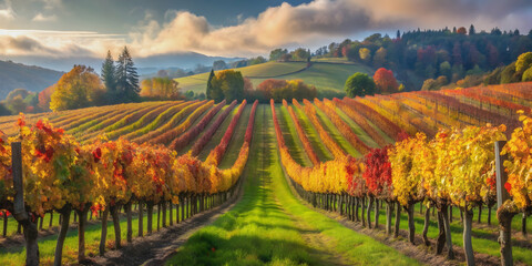 Vineyard rows in autumn with vibrant fall foliage, vineyard, rows, autumn, fall, foliage, grapevines