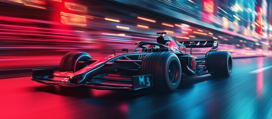 Formula 1 motorsport race car driver at high speed performance motion blur speed racing track in vibrant red colors. Generative AI