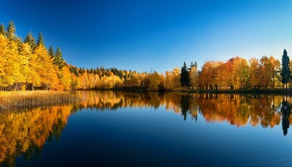 A peaceful lake surrounded by trees in full autumn colors, their vibrant reds, oranges, and yellows perfectly reflected in the still water, creating a serene and picturesque landscape.