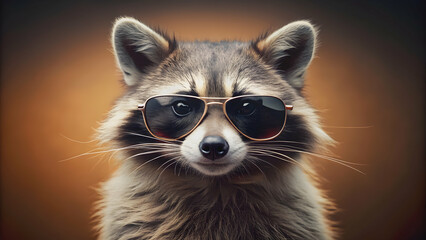 Mischievous raccoon wearing sunglasses, looking cool and ready for adventure, raccoon, sunglasses, trendy, mischievous, cute