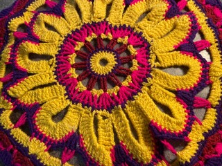Crochet doily with big flower bright multicolour handmade art decor design 