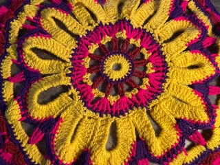 Crochet doily with big flower bright multicolour handmade art decor design 