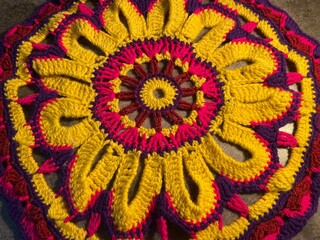 Crochet doily with big flower bright multicolour handmade art decor design 
