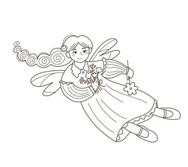 Cute cartoon outline flower fairy isolated on a white background. Contour for children coloring book. Nice fantasy flying elf girl with a wings. Vector kids character.
