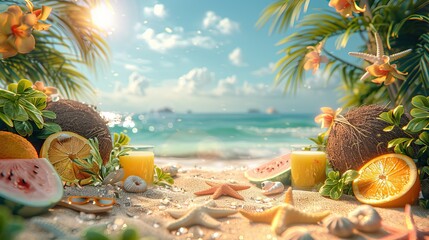 A tropical beach scene featuring fresh fruits like watermelon, oranges, and coconuts, along with tropical drinks, seashells, and starfish on sandy shores, with a vibrant ocean backdrop.