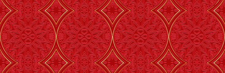 Banner, cover design. Embossed geometric decorative 3D pattern with hearts on a red background, embossing. Ornaments, arabesques, mandala. Ethnic culture of the East, Asia, India, Mexico, Aztec, Peru.