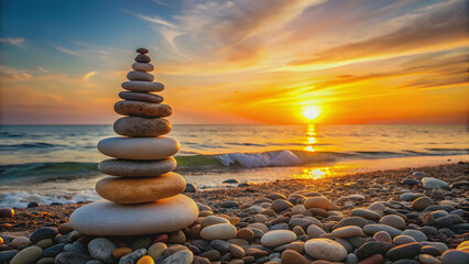 Obraz premium Stones pyramid on the seashore at sunset, stones, pyramid, seashore, sunset, ocean, beach, rocks, calm, tranquil, scenic, horizon