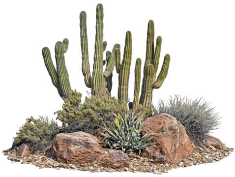 a group of cactus plants and rocks