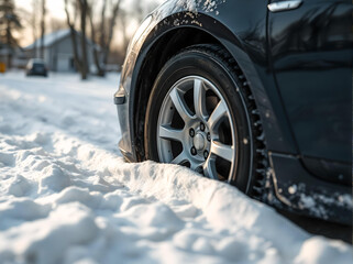 Car wheel close-up stuck in the snow