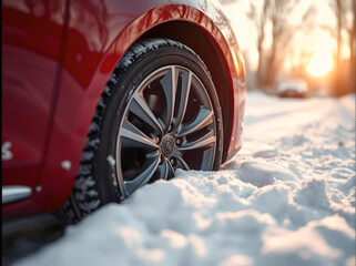 Car wheel close-up stuck in the snow