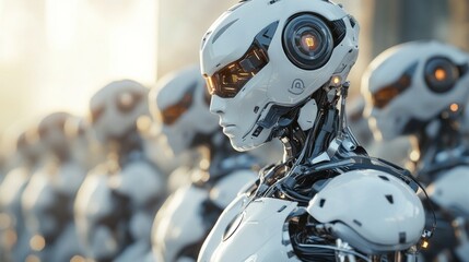 Fototapeta premium A line of futuristic robots stand in formation, their white armor reflecting the setting sun.