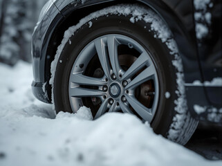Car wheel close-up stuck in the snow