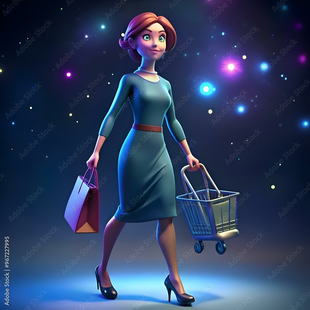 Sticker a cheerful 3d cartoon woman. dressed in a blue dress. strolls with a shopping bag and a small shoppi