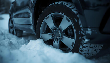 Car wheel close-up stuck in the snow