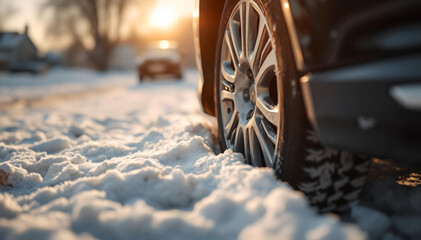 Car wheel close-up stuck in the snow