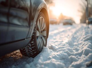 Car wheel close-up stuck in the snow