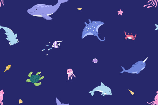 Sea marine animals, seamless pattern. Ocean underwater fauna, endless background. Undersea print with fishes for fabric, textile, wallpaper and wrapping design. Kids colored flat vector illustration