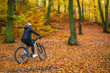 Fototapeta premium Woman wearing black sporty jacket, black cycling pants and white bike helmet riding her bike uphill in forest in autumn scenery. Back view.