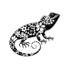 Fototapeta premium Frilled lizard reptile made by simple flower drawing, black and white animal illustration