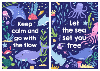 Sea marine cards with cute underwater animals and phrase. Ocean fishes, kawaii animals, poster design. Undersea water nature, sealife postcards with motivation quote. Kids flat vector illustrations