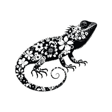 recommend clip art: Frilled lizard reptile made by simple flower drawing, black and white animal illustration