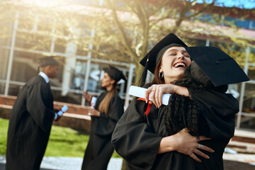 Happy, women and hug for graduation celebration, education achievement and diploma success....