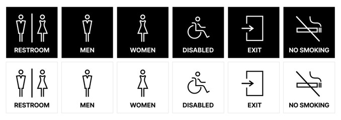Linear Male and Female toilet symbols. disabled icon. gender icon. restroom pictogram. EXIT and No-Smoking public signage. WC signage on black and white SVG vector.	
