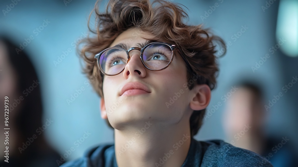 Wall mural A young man with brown hair wearing glasses looks up thoughtfully.