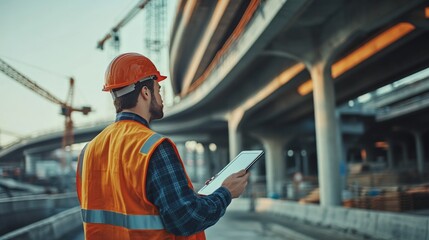 Obraz premium Construction site with worker overseeing project