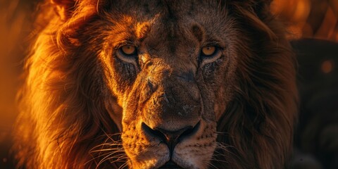 Naklejka premium Close up portrait of a majestic male Lion Panthera leo making direct eye contact