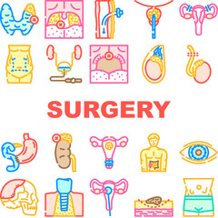 surgery hospital operation icons set vector. anesthesia recovery, scalpel incision, sutures sterile, surgeon patient, procedure surgery hospital operation color line illustrations