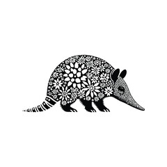 Armadillo made by simple flower drawing, black and white animal illustration