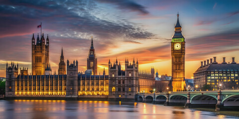 Fototapeta premium Iconic Big Ben tower surrounded by London cityscape at dusk, Big Ben, London, cityscape, iconic, landmark, architecture, evening