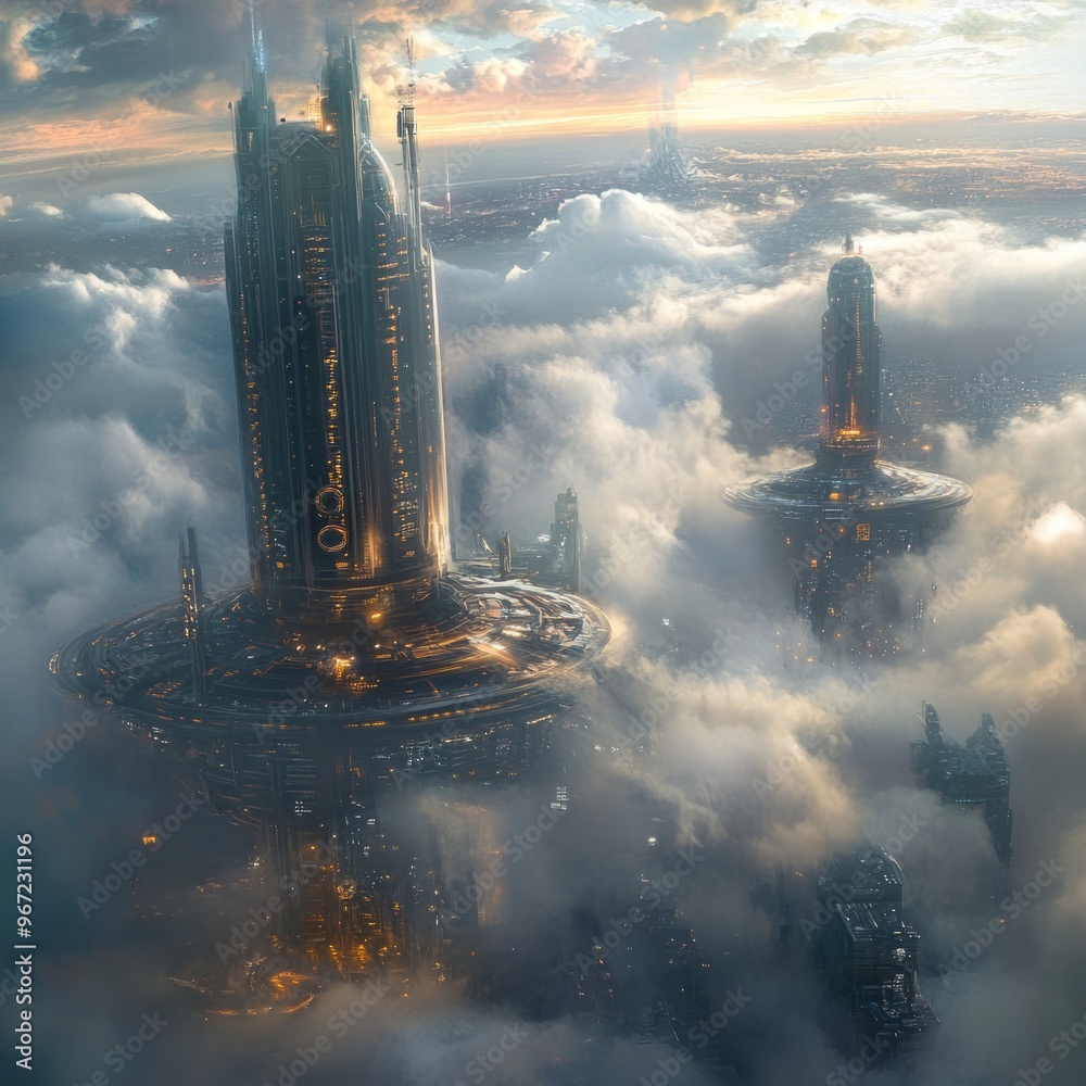 Sticker Futuristic cityscape with towering buildings emerging from the clouds.